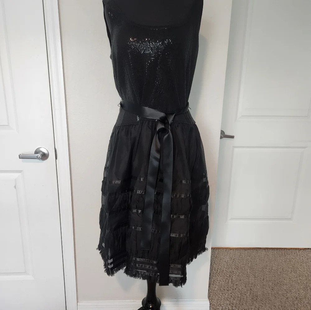 St. John Black Pleated Mini Sundress Scoop Neck